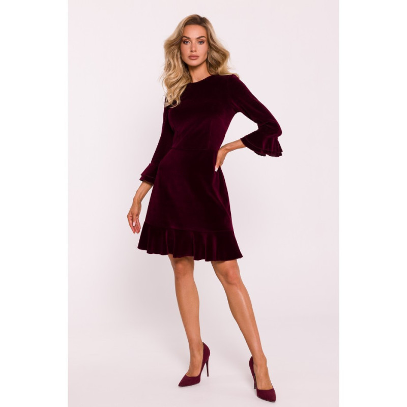 M825 Velour dress with frills - burgundy