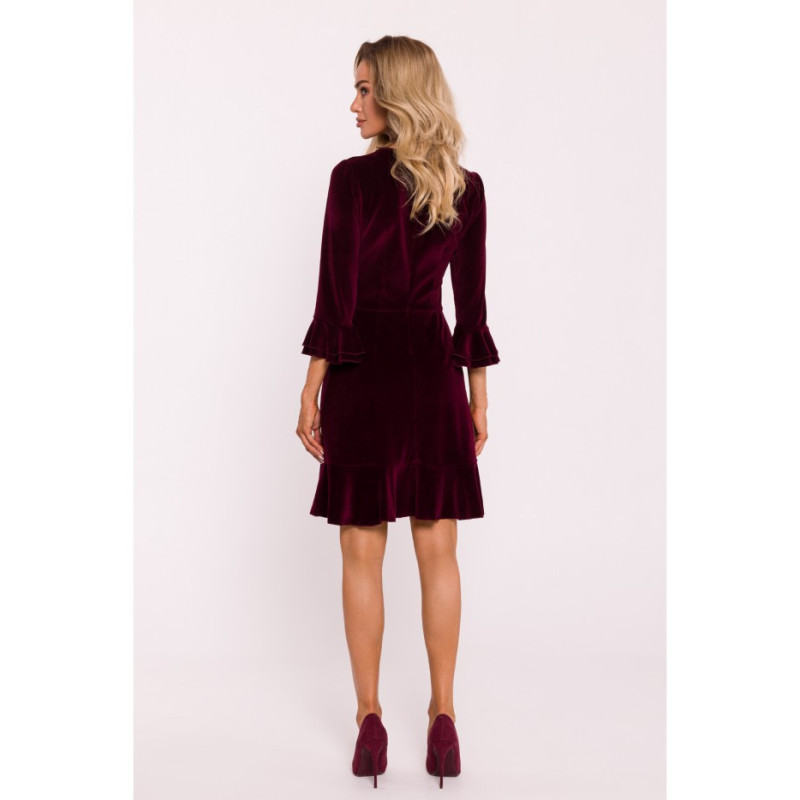 M825 Velour dress with frills - burgundy