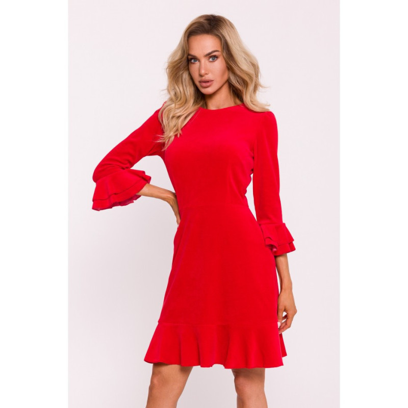 M825 Velour dress with frills - red