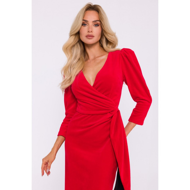 M829 Velour evening dress with sash - red