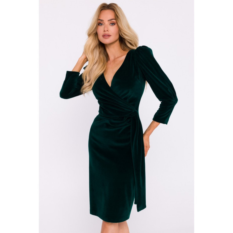 M829 Velour evening dress with sash - green