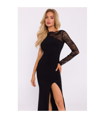 M839 Asymmetrical maxi dress with lace sleeves - black