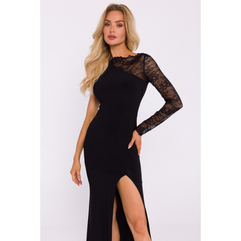 M839 Asymmetrical maxi dress with lace sleeves - black