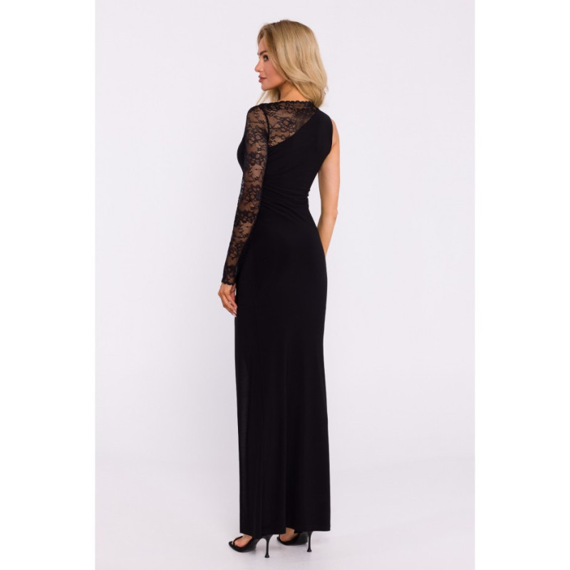 M839 Asymmetrical maxi dress with lace sleeves - black