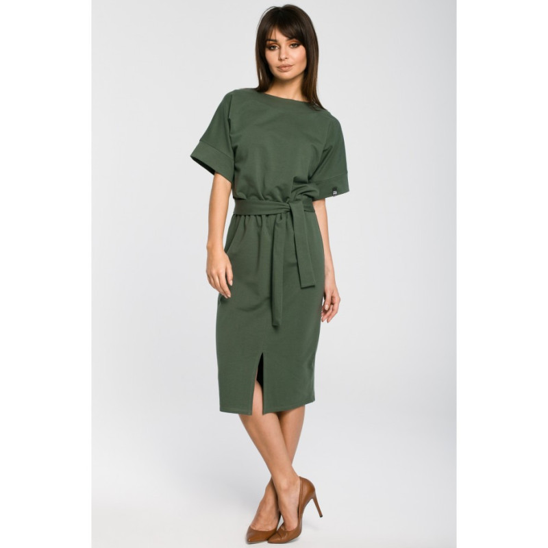 B062 Knitted dress with slit - military-green