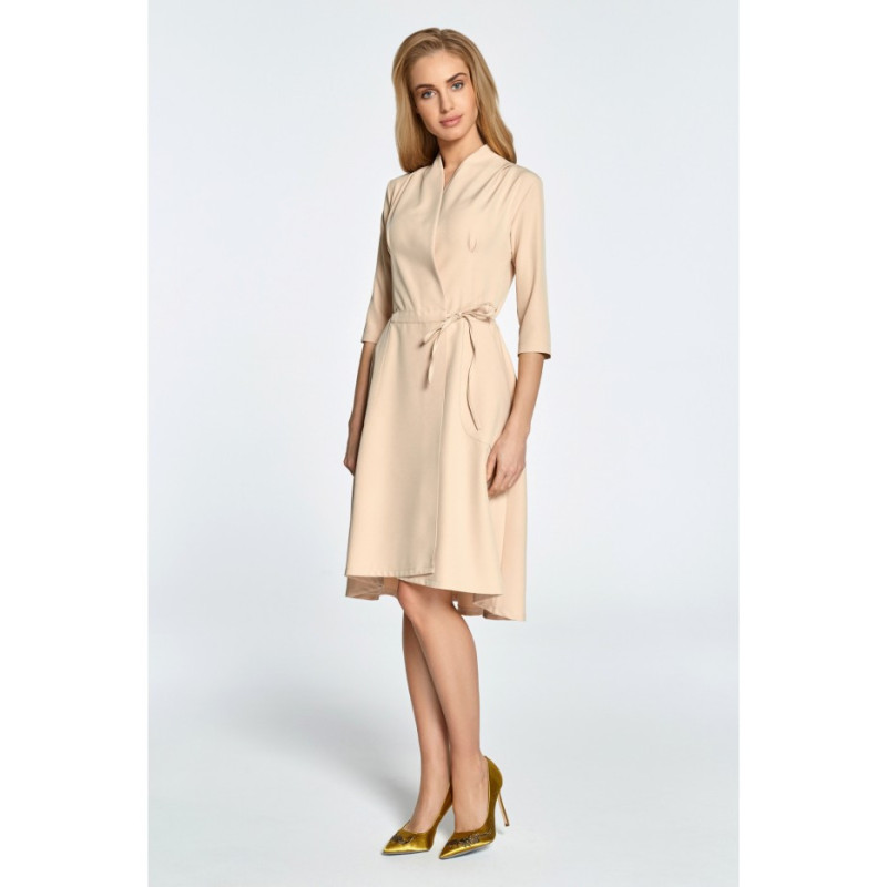 S099 Overlap midi dress with tunnel - beige