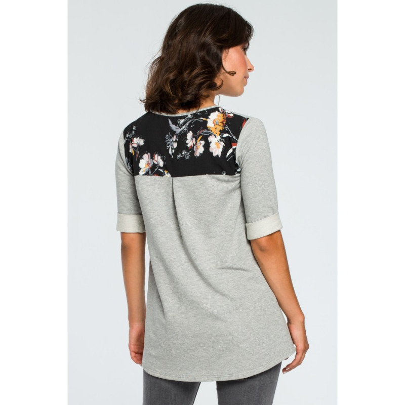 B095 Blouse with floral inserts - gray