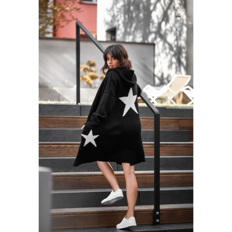 BK013 Unbuttoned cardigan with stars - black