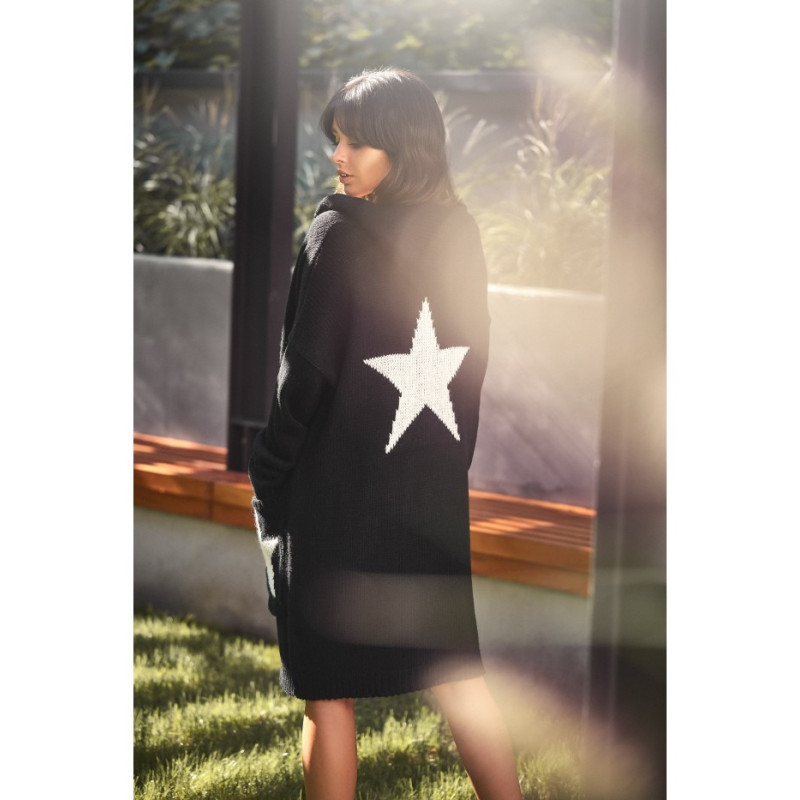 BK013 Unbuttoned cardigan with stars - black