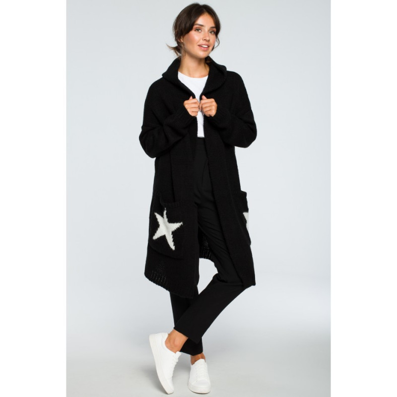 BK013 Unbuttoned cardigan with stars - black