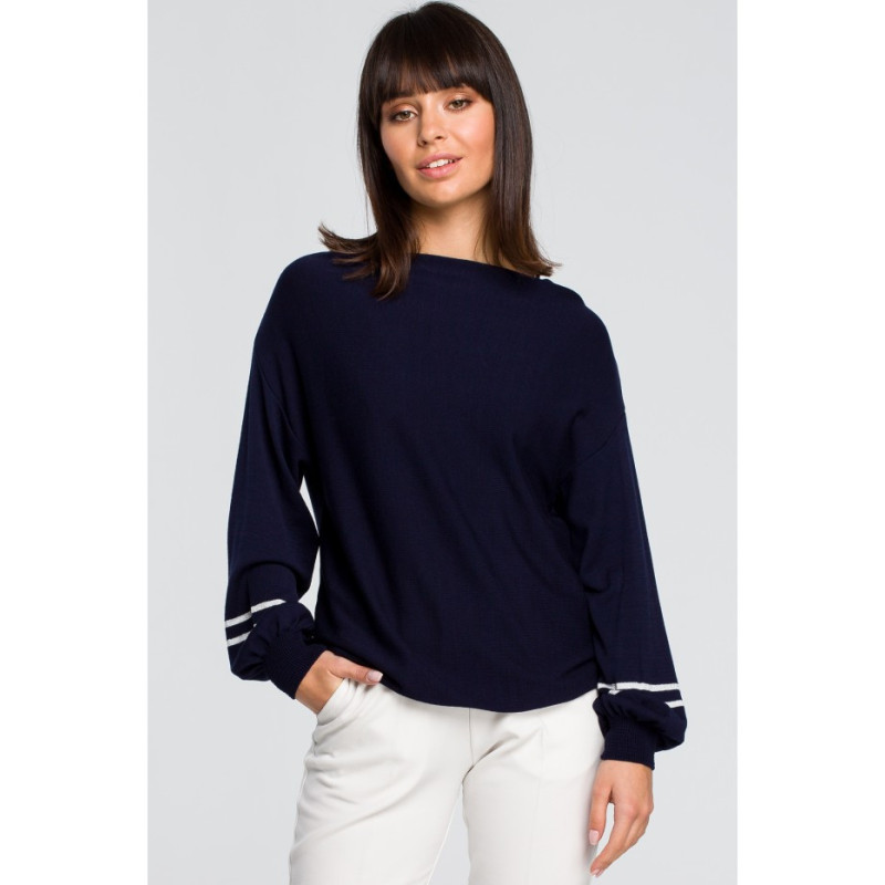 BK024 Sweater with wide sleeves and a leopard print - navy blue