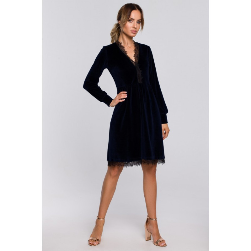 M563 Velour Dress with Deep Neck and Lace - Navy Blue