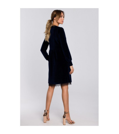 M563 Velour Dress with Deep Neck and Lace - Navy Blue