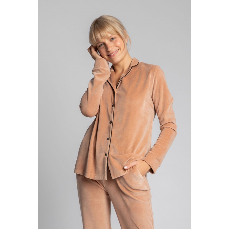 LA007 Velour Pajama Shirt with Collar - Beige