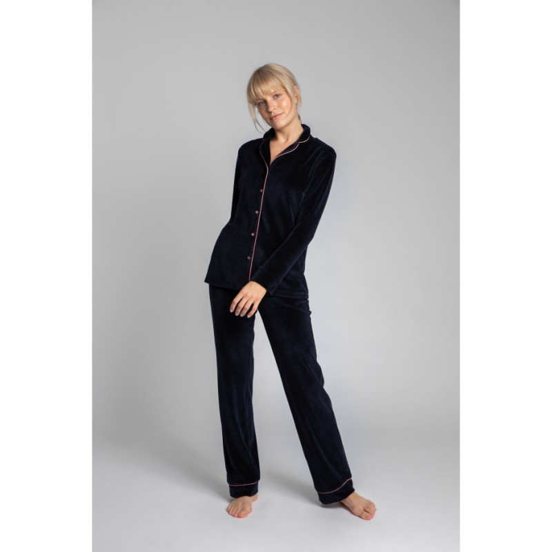 LA007 Velour pajama shirt with collar - navy blue