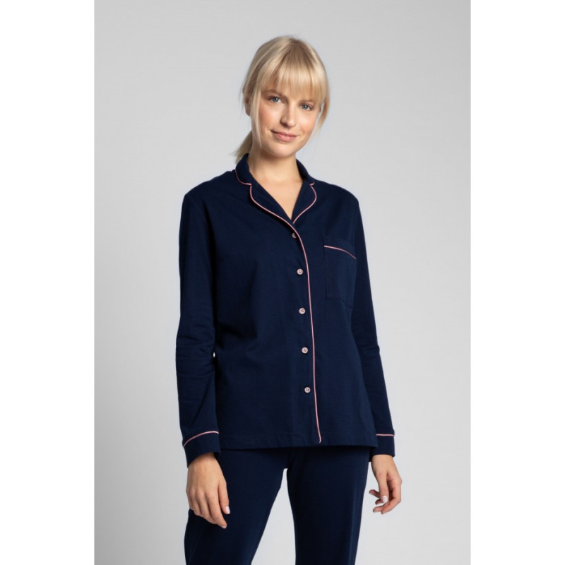 LA019 Cotton pajama shirt with collar - navy blue