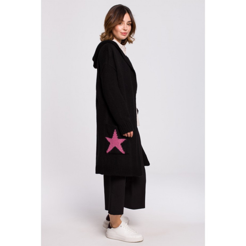 BK063 Cardigan with star motif - black-fuchsia