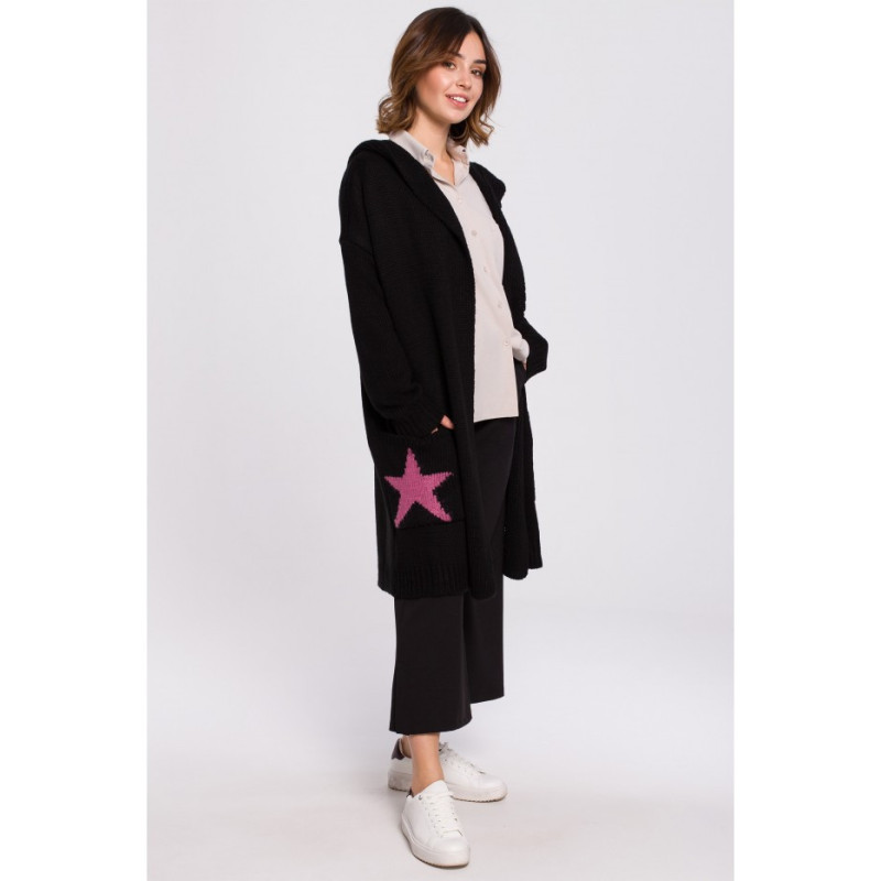 BK063 Cardigan with star motif - black-fuchsia