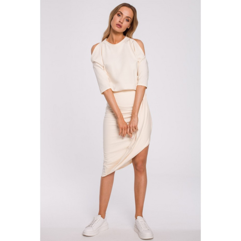 M589 Dress with Cutouts on Shoulders - cream