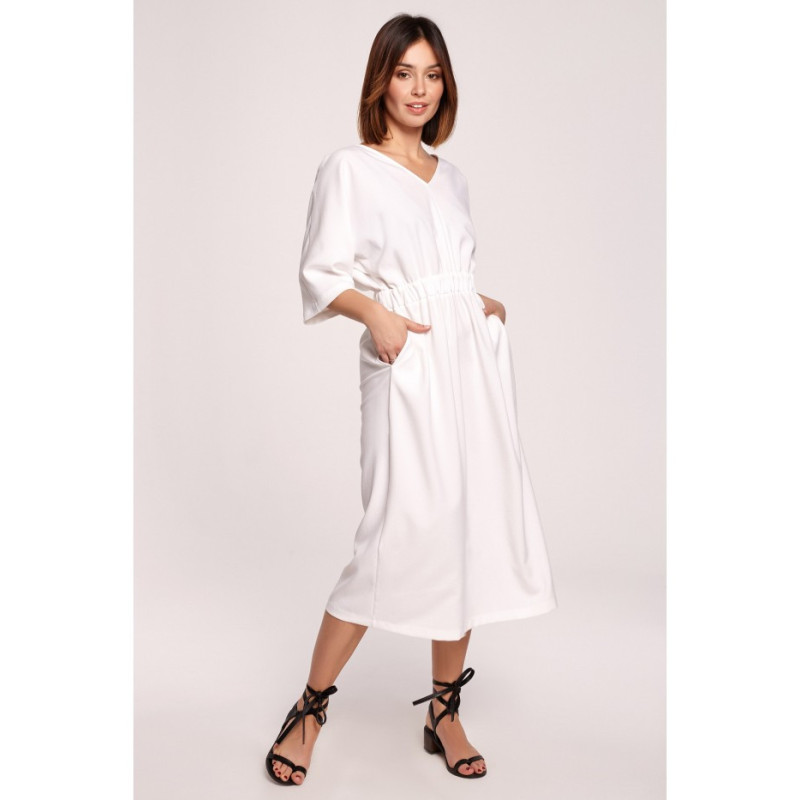 B192 Midi Dress with Elastic Waistband - White