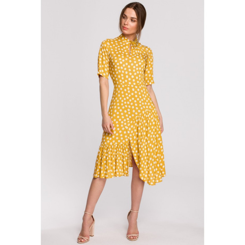 S263 Dress with stand-up collar and ruffle at the bottom - yellow