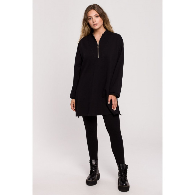 B201 Tunic blouse with zipper and slits - black