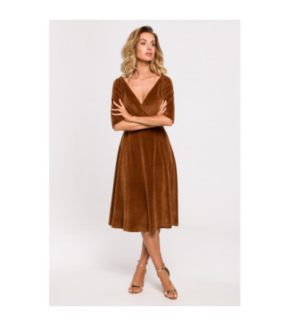 M645 Velour dress with shoulder neckline - cognac