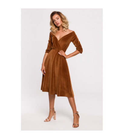 M645 Velour dress with shoulder neckline - cognac