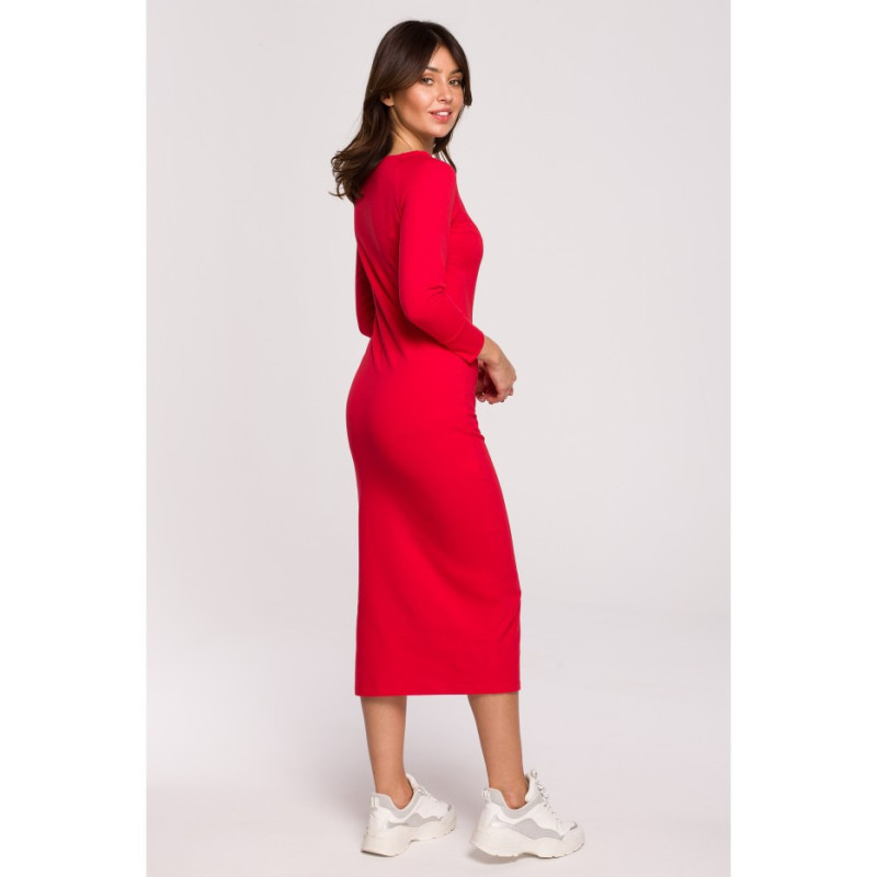 B219 Straight midi dress with leg slit - red