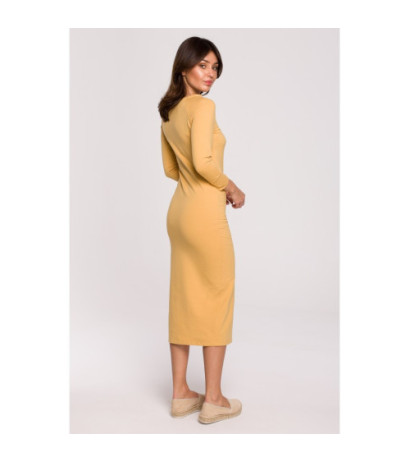 B219 Straight midi dress with leg slit - honey-colored