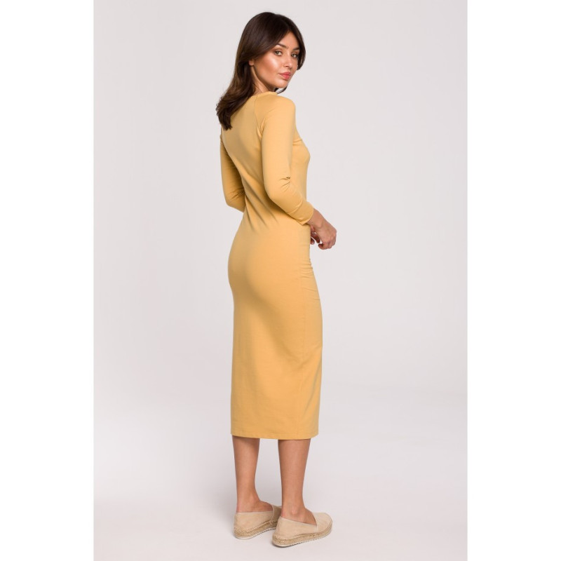 B219 Straight midi dress with leg slit - honey-colored