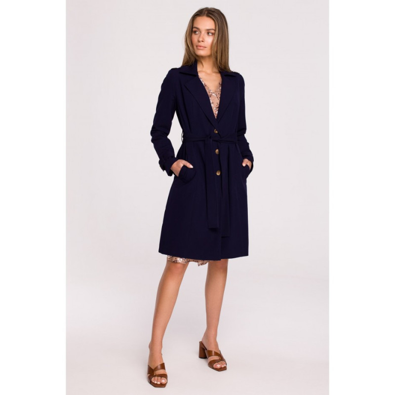 S294 Tie belt coat - navy blue