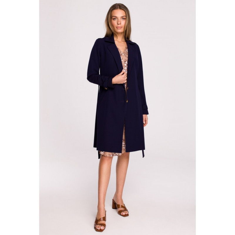 S294 Tie belt coat - navy blue