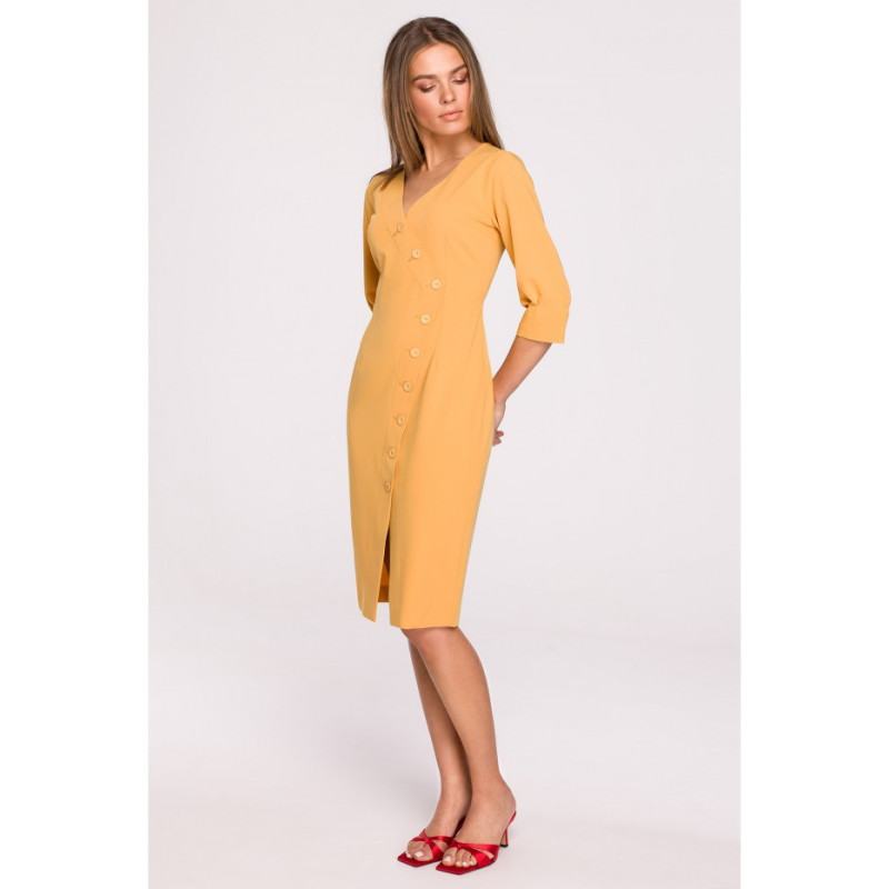 S295 Dress with asymmetrical front and buttons - yellow