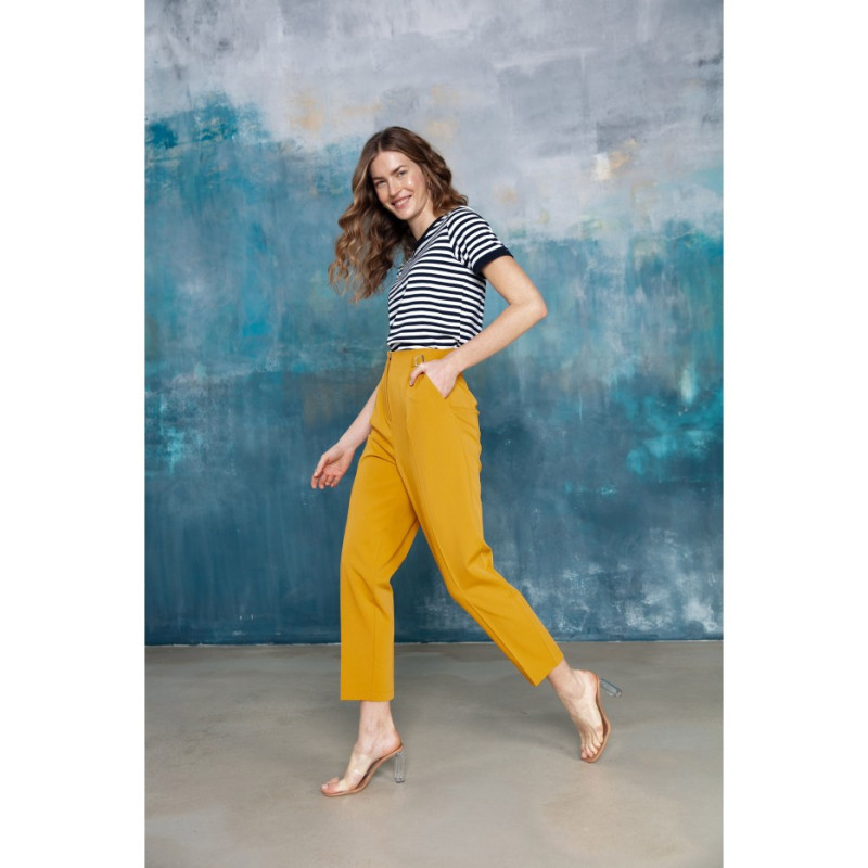 S296 High-waisted pants with buckles - yellow