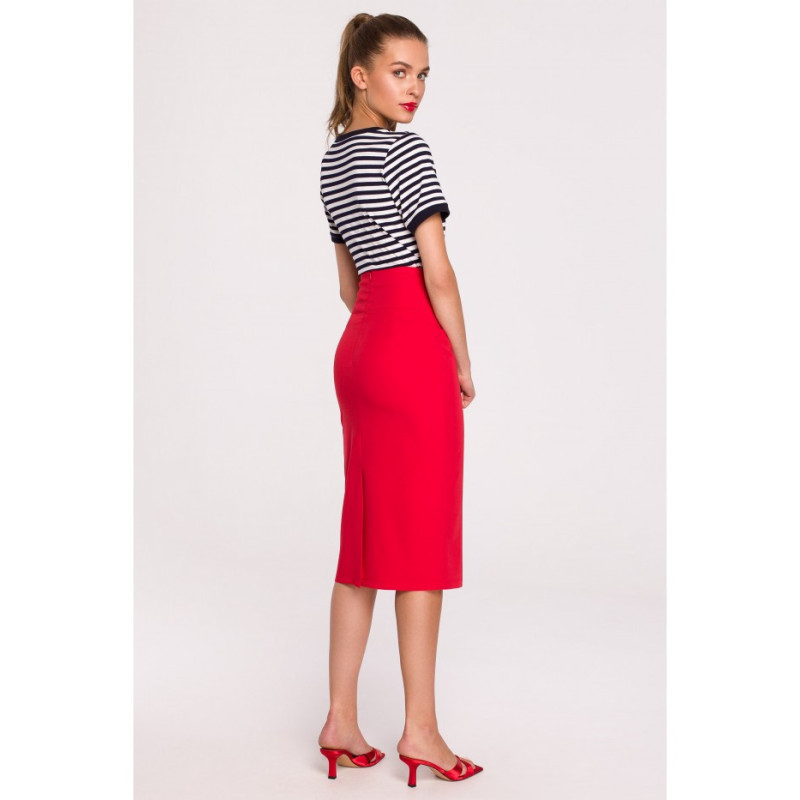 S297 Pencil skirt with high waist and buckles - red