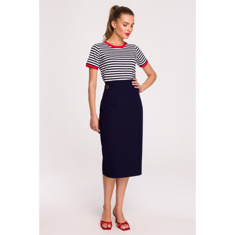 S297 Pencil skirt with high waist and buckles - navy blue