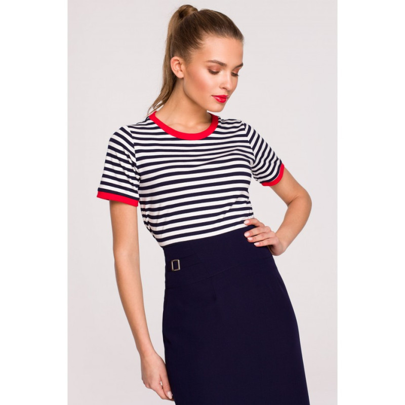 S297 Pencil skirt with high waist and buckles - navy blue