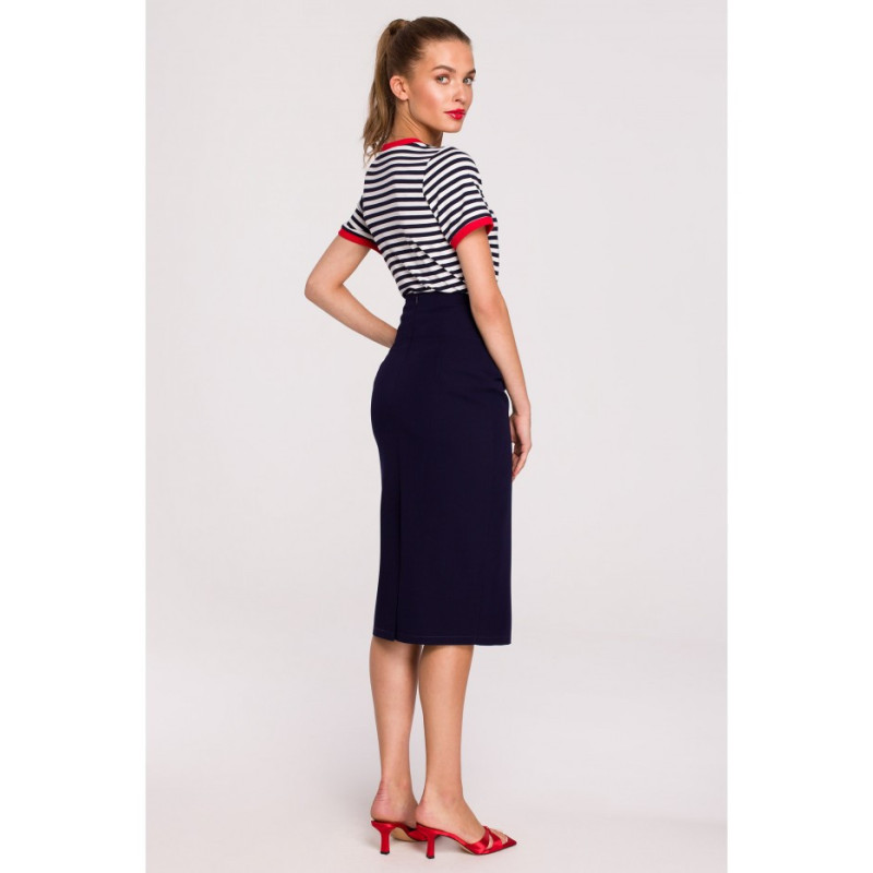 S297 Pencil skirt with high waist and buckles - navy blue