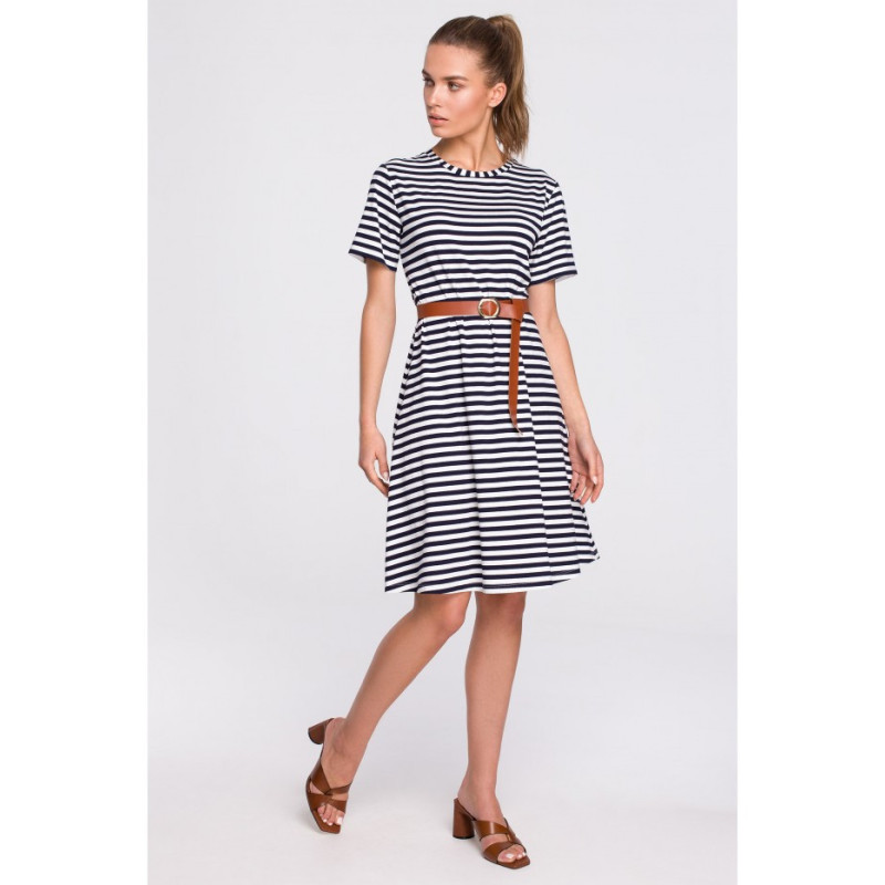 S306 Navy striped dress with belt - model 1