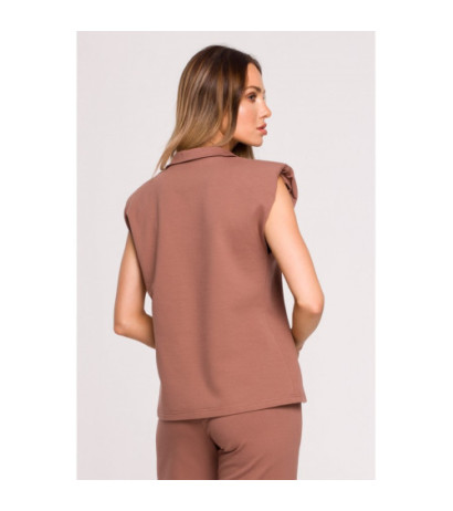 M682 Sleeveless blouse with V neckline and collar - chocolate