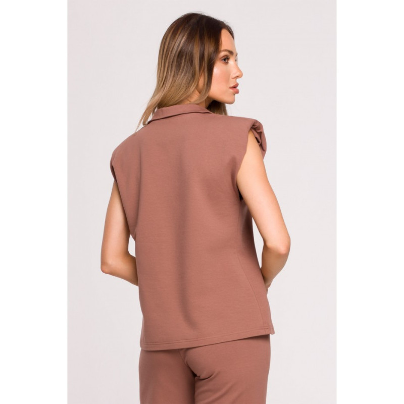 M682 Sleeveless blouse with V neckline and collar - chocolate