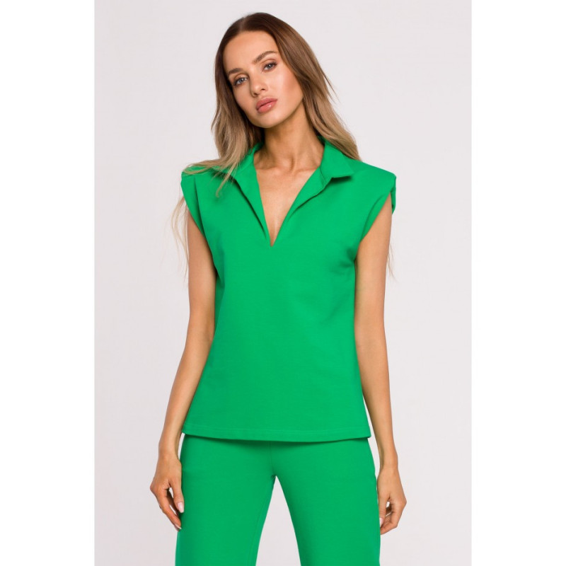 M682 Sleeveless blouse with V neckline and collar - luscious green