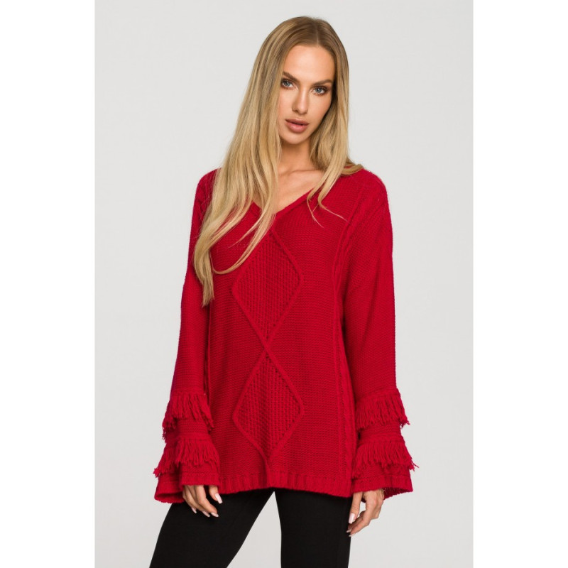 M710 Wide sleeve sweater with fringe - raspberry