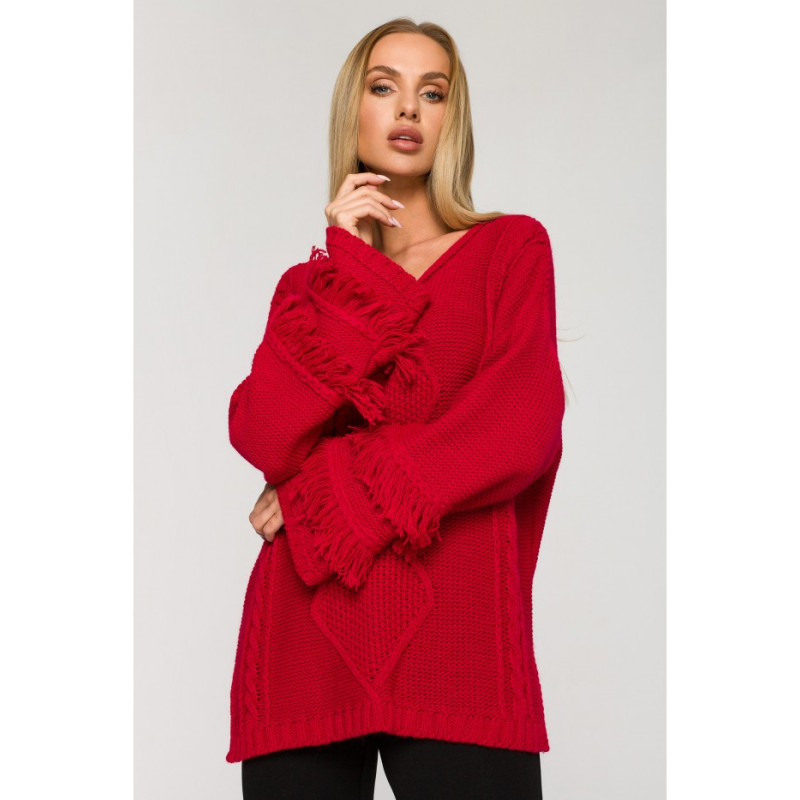 M710 Wide sleeve sweater with fringe - raspberry