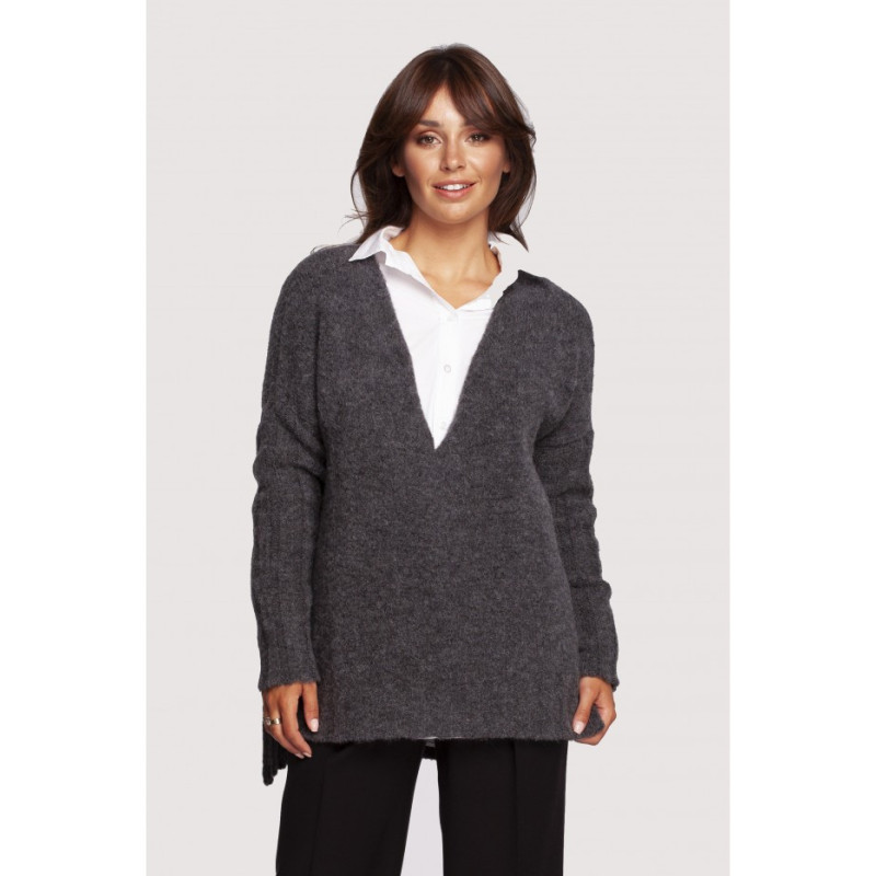 BK083 Sweater with neckline and longer back - graphite