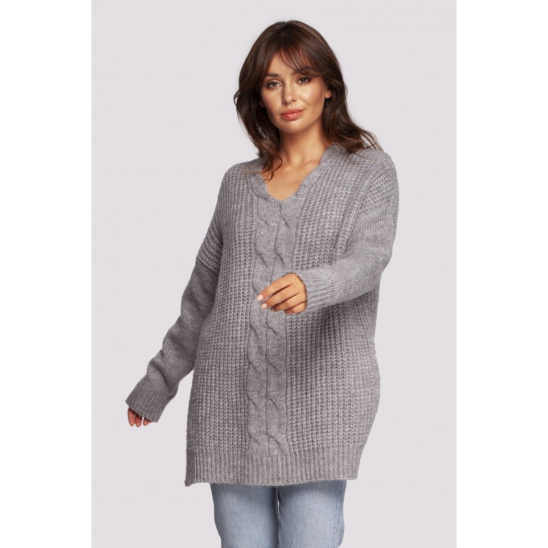 BK087 Long sweater with neckline and side slits - gray