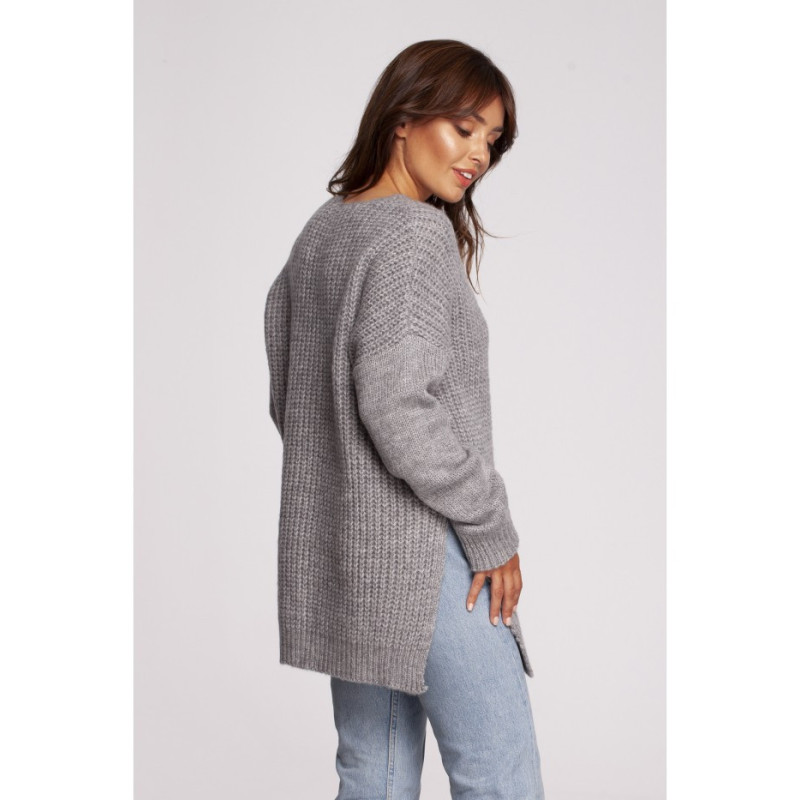 BK087 Long sweater with neckline and side slits - gray