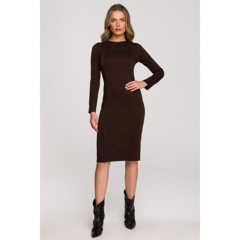 S314 Pencil dress with leather piping - brown