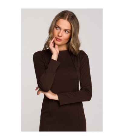 S314 Pencil dress with leather piping - brown